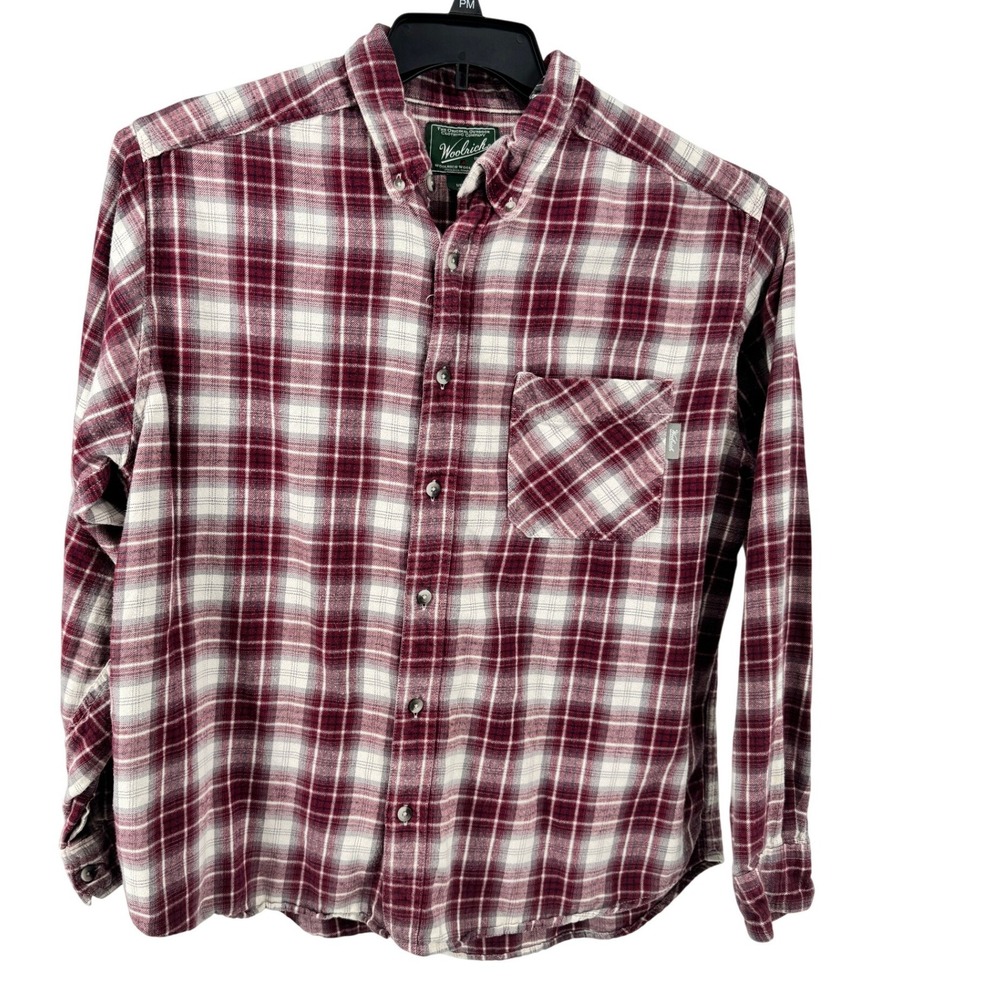 Woolrich Mens Plaid Flannel Shirt XL Button Down Long Sleeve Burgundy White Gray